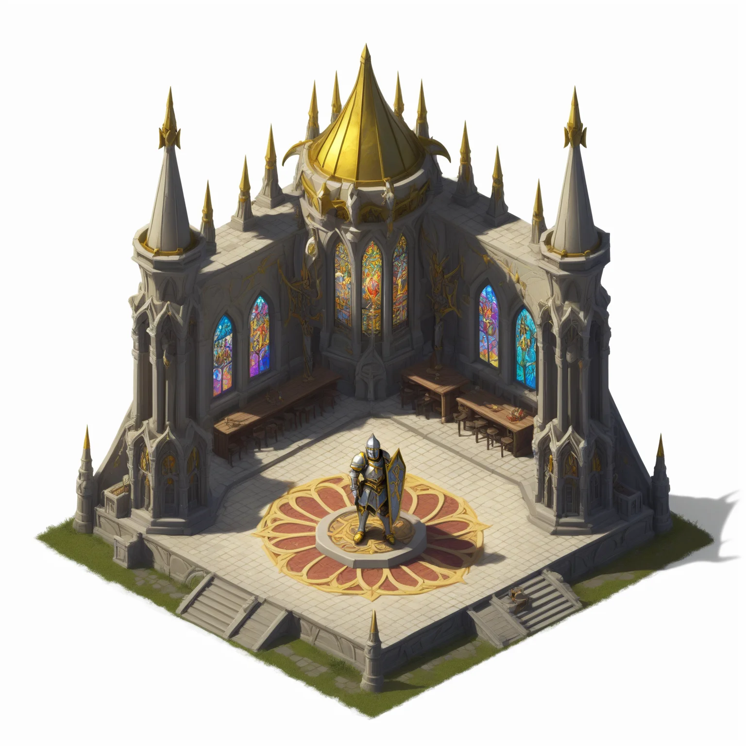 (((masterpiece))),(((best quality))),((ultra-detailed)),solo,isometric,
WAM_bd,solo,
A knight's hall on the Dawn Plains, with a large knight statue in the center, surrounded by banners and weapon racks, with sunlight streaming through stained glass windows,,
(white background, simple background:1.5),fantasy art,
<lora:WAMå»ºçæ¨¡å:0.8>