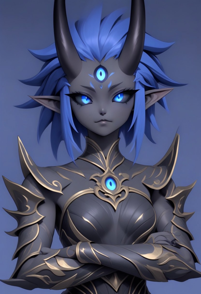 3DMM, te'kharoth, third eye, tail, horns, short hair, messy hair, black sclera, 1girl, blue eyes, armor, crossed arms, upper body, small breasts, ornate armor, fantasy, magical aura, east asian architecture, painted fingernails, sharp fingernails, long fingernails,