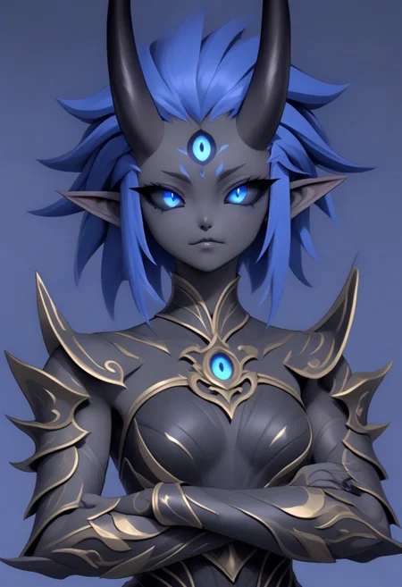 3DMM, te'kharoth, third eye, tail, horns, short hair, messy hair, black sclera, 1girl, blue eyes, armor, crossed arms, upper body, small breasts, ornate armor, fantasy, magical aura, east asian architecture, painted fingernails, sharp fingernails, long fingernails,