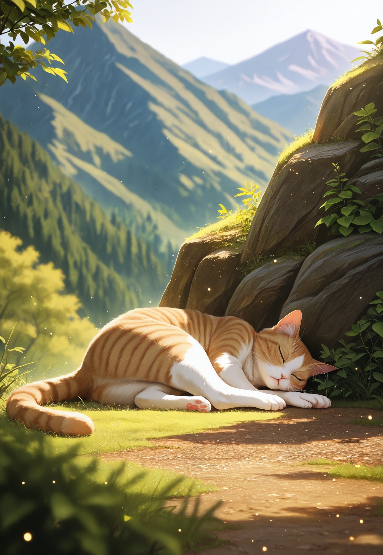realistic, solo, cat, cute, sleeping, light_particles, nature, mountain, depth of field, the best quality, amazing quality, high quality, masterpiece,