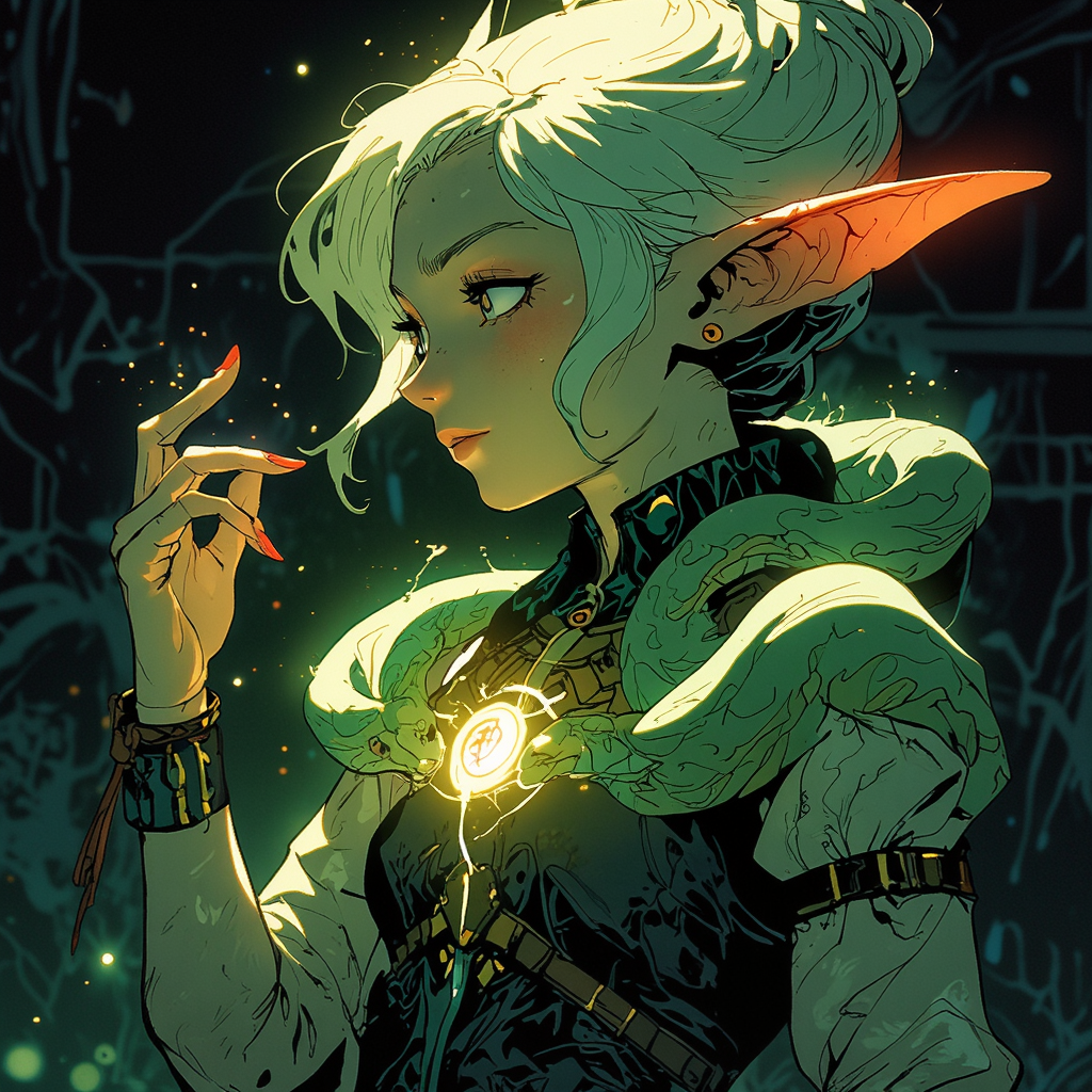 animeniji, anime, niji, a young elven woman with pointy ears, mystic lighting, with a snake on her hand