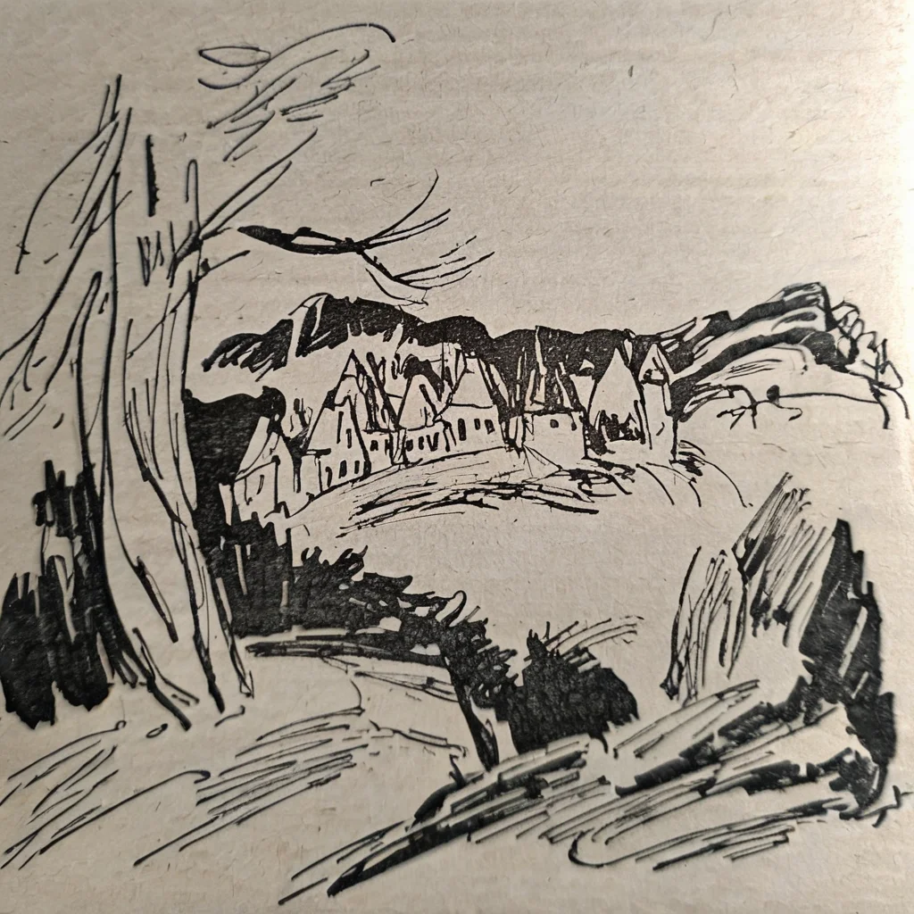drawix15 landscape, in the foreground an old tree on a rock in the background a village, forest and mountains <lora:drawix15:1>