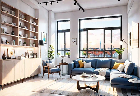 ((front view)), Shallow scene, ((animation style)), modern-style interior, with white walls, (large windows), Nordic-style furniture, a  study, Sofa, coffee table, bookcase, single wall, 
warm light morning sun, (the view of the city)