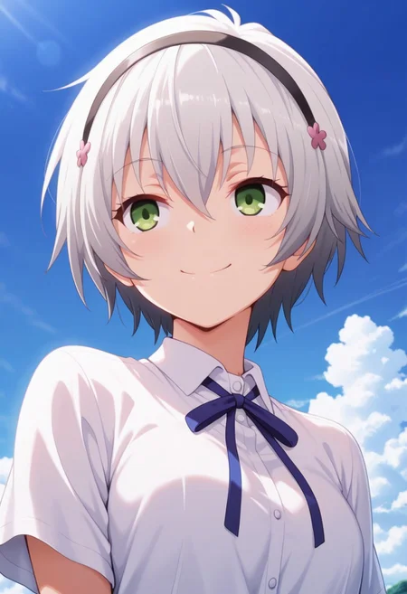 masterpiece,best quality,amazing quality, kurogane shizuku, short hair, green eyes, silver hair, 1girl, solo, smile, sky, day, hairband, neck ribbon, ribbon, cloud, outdoors, blue sky, shirt