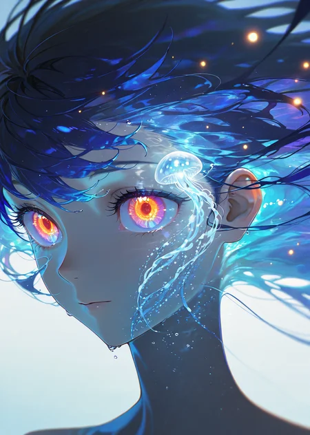 masterpiece, best quality, amazing quality, very aesthetic, absurdres, newest, (scenery, volumetric lighting),
eye_focus,
1girl, solo, glowing bioluminescent anime eyes, deep oceanic blue-purple irises, jellyfish-like patterns inside, floating tiny light dots, softly shifting colors, translucent texture, glossy reflections, surreal aquatic glow, long wispy eyelashes, underwater lighting, soft and dreamy aesthetic, gentle gaze, soft bokeh light background, anime fantasy illustration, ultra-high resolution details
,masterpiece, best quality, amazing quality, very aesthetic, absurdres, newest, (scenery, volumetric lighting),
, <lora:eye_focus_illus:0.8>,