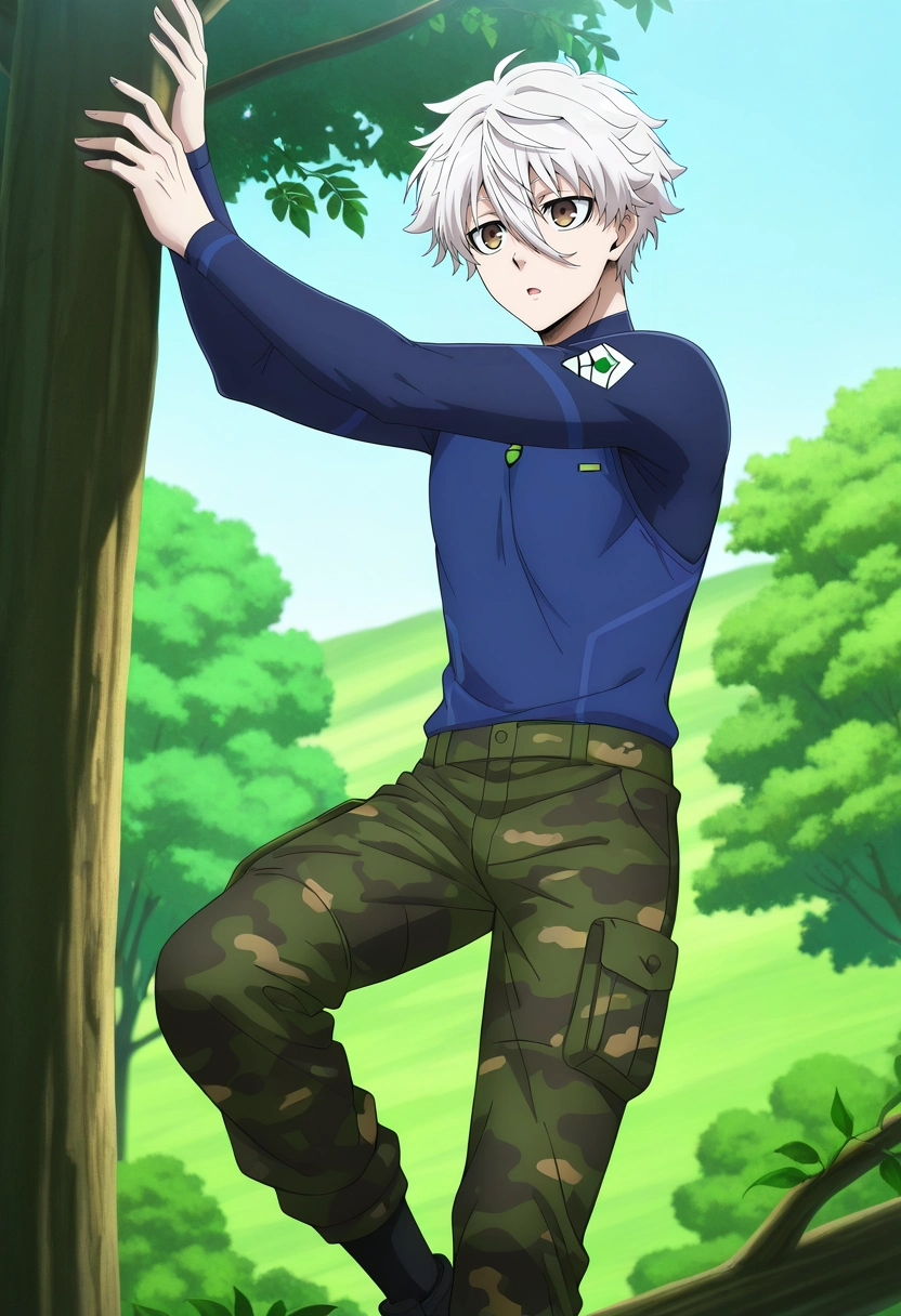 masterpiece, best quality, intricate details, anime screencap, anime coloring, official style, , , 1boy, solo, male focus, <lora:seishirou_nagi_ilxl:0.96>, seishirou_nagi, white hair, brown eyes, short hair, bangs, hair between eyes, jungle canopy, tree platforms, vine bridges, bird nests, climbing pose, adventurous expression, morning, Camo cargo pants, Thermal Henley shirt, , ,