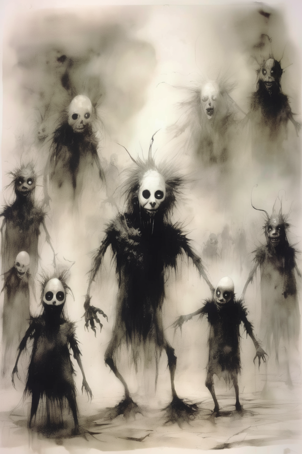 <lora:Stephen Gammell Style:1>Stephen Gammell Style - Cinematic still, Film by Stephen Gammell, ancient masquerade with Monsters