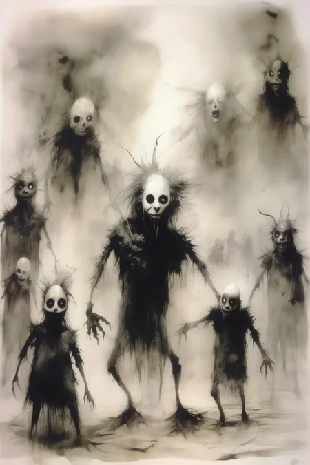 <lora:Stephen Gammell Style:1>Stephen Gammell Style - Cinematic still, Film by Stephen Gammell, ancient masquerade with Monsters