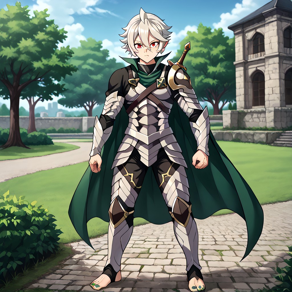 masterpiece, best quality, sharp aliasing, highly detailed, 1male, male body, male,EPfeCorrin, dark green cape, armour, dark green gloves, black pants, wearing pants, outdoors, evening, stone ground, tree, bush, buildings, windy, barefoot, toeless legwear, armoured legwear, armoured arms, shin armour, leg armour, leg and shin armour, shin guards, stirrup legwear, dark green stirrups, 5 toes, Quality, High Definition, Full body view, solo, slimes_sanemi, scar, scars, scar on face, scar on chest, scar on forehead, white hair, muscular, red eyes, slit eyes, pointy ears, standing, green sword, sword stance, green toenails, dirty feet