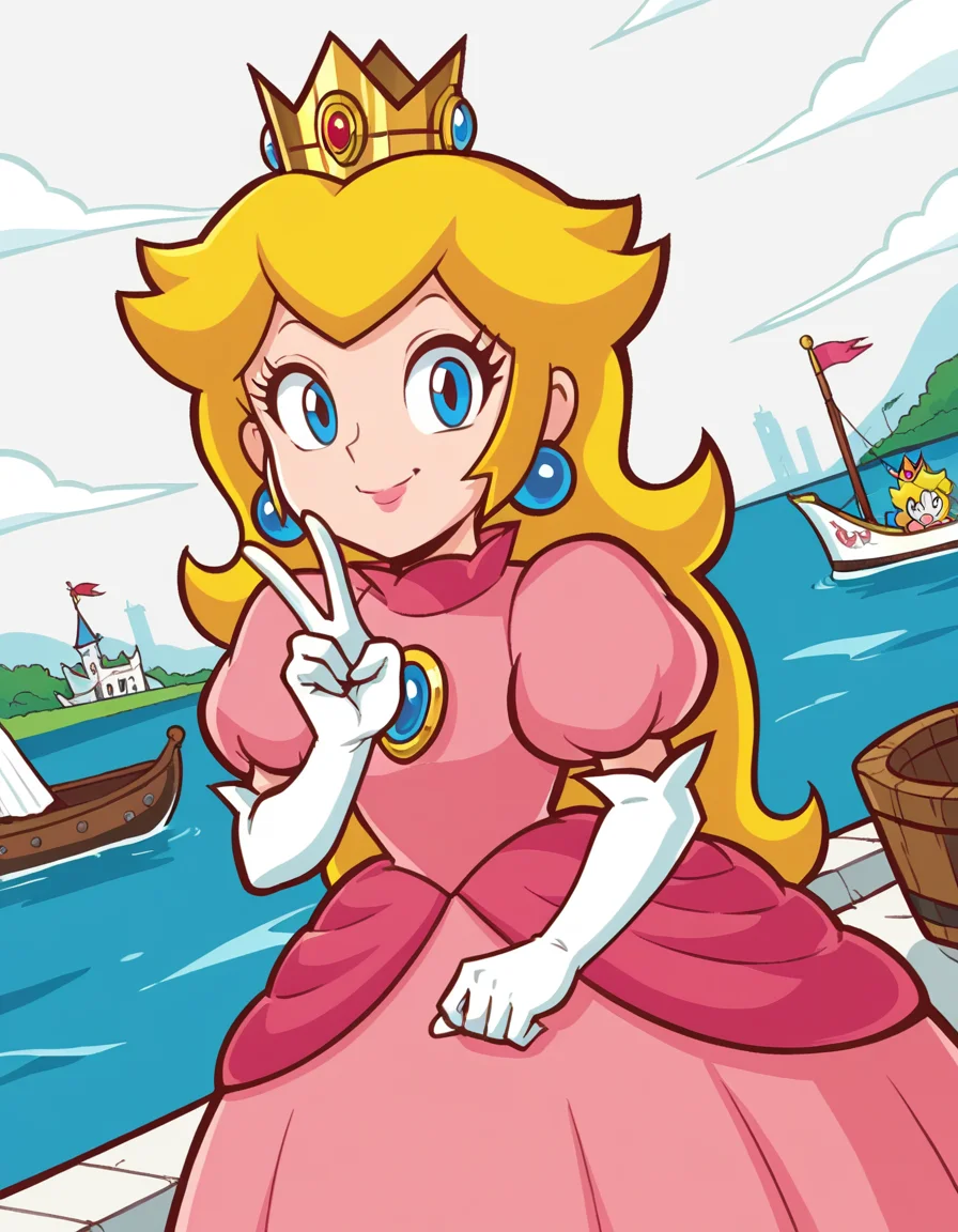 score_9, score_8_up, score_7_up, source_anime, <lora:super-princess-peach-ingame-ponyxl-lora-nochekaiser:1>, princess peach, blonde hair, blue eyes, long hair,, crown, dress, gem, gloves, pink dress, puffy short sleeves, puffy sleeves, short sleeves, white gloves,, canal, water, boats, city, narrow, , v, v over mouth, smug,, looking at viewer, solo,, dutch angle, cowboy shot