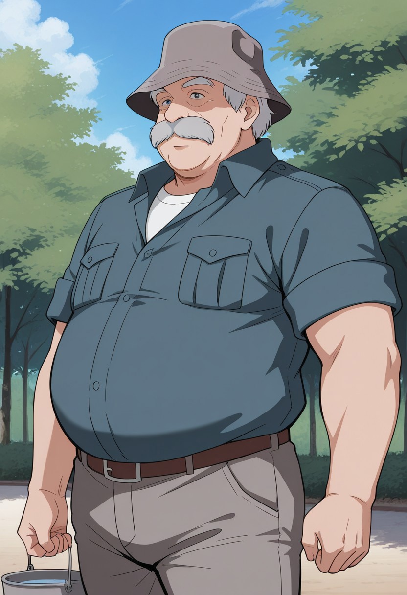 score_9, score_8_up, score_7_up, score_6_up, score_5_up, score_4_up, high quality, (detailed eyes:1.5), (detailed face), ((perfect face)), master piece, best high quality, ultra details, intricate details, male focus, detailed body, detailed background, perfect anatomy, masterpiece, high quality, best quality, amazing quality, very aesthetic, absurdres, Jacques_human, gray hair, gray moustache, blue button shirt, gray bucket hat, gray pants, fat, overweight, old, old man, standing, nature background