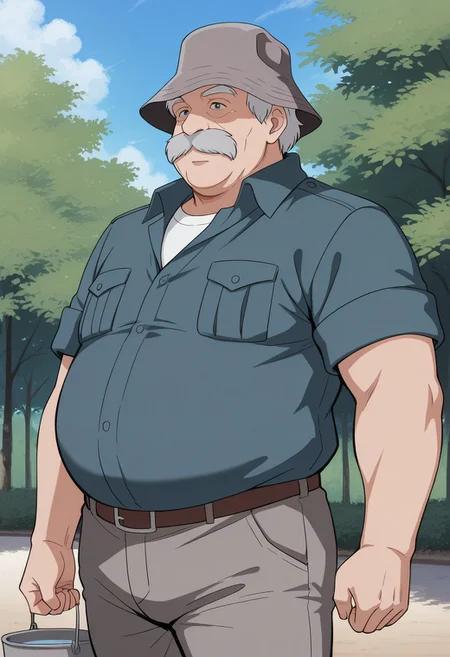 score_9, score_8_up, score_7_up, score_6_up, score_5_up, score_4_up, high quality, (detailed eyes:1.5), (detailed face), ((perfect face)), master piece, best high quality, ultra details, intricate details, male focus, detailed body, detailed background, perfect anatomy, masterpiece, high quality, best quality, amazing quality, very aesthetic, absurdres, Jacques_human, gray hair, gray moustache, blue button shirt, gray bucket hat, gray pants, fat, overweight, old, old man, standing, nature background