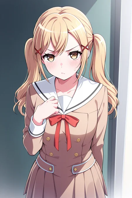 masterpiece, best quality, amazing quality,
<lora:Arisa_IL:1> arisa, 1girl, hanasakigawa school uniform, solo, twintails, blonde hair, school uniform, hair ornament, x hair ornament, double-breasted, long sleeves, looking at viewer, long hair, tsundere