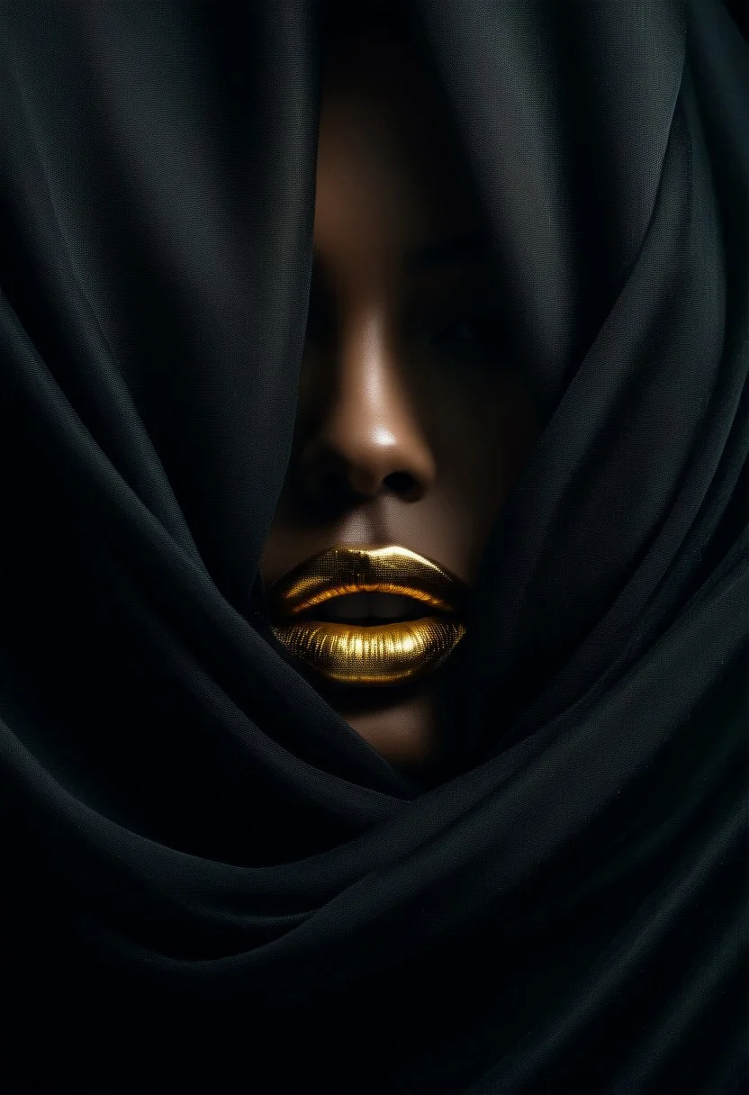 In this masterpiece of photography, captured by a Fujifilm camera, a minimalist black background serves as the canvas for an exquisite portrait. The woman's face emerges, partially obscured by flowing fabric, creating an enigmatic and mysterious atmosphere. Sharp golden lipstick accentuates her lips, adding a striking contrast against the dark tones of the composition. With ultra-realistic precision, every detail is rendered in insanely high resolution, making the image come alive in 8K HDR. The subtle gradient backdrop enhances the tranquil yet evocative aura, while the conceptual portraiture delves into the depths of perception. This stunning portrayal, enriched with a play on perception and visual metaphor, transports the viewer into a realm of surreal calm, where the beauty of minimalist abstraction meets the complexity of the human psyche.