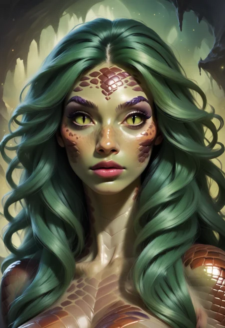 score_9, score_8_up, score_7_up, score_6_up, score_5_up, score_4_up, 1girl, naga woman, snake woman, green hair, slit pupils, beautiful eyes, dungeons and dragons, portrait, up close, freckles, long hair, realistic, high quality, detailed, fantasy dark cave background