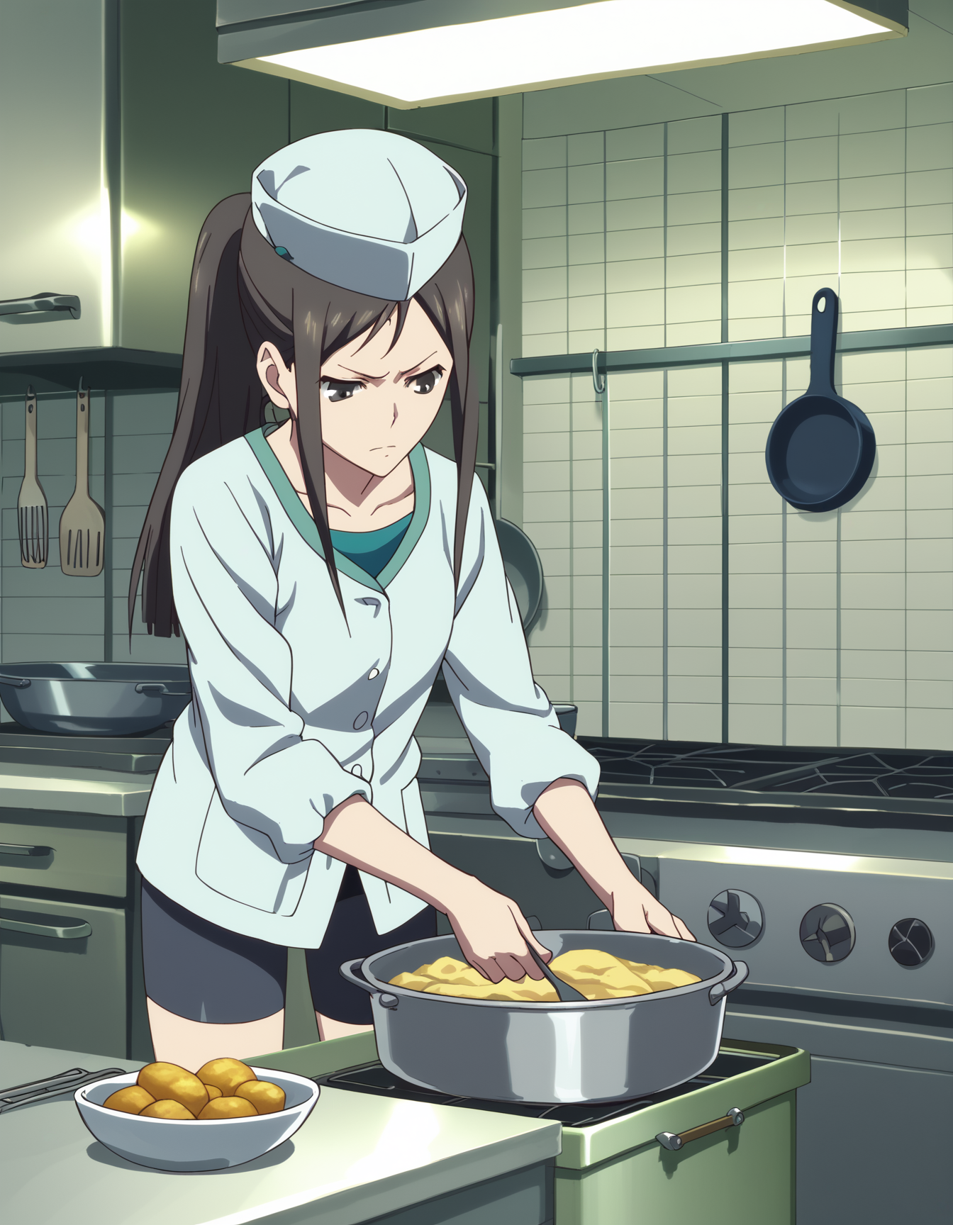 score_9,  score_8_up, score_7_up, source_anime, <lora:minko-000007:1> tsurugi minko, long hair, black hair, ponytail
flat top chef hat, bike shorts, dress shirt, cooking, kitchen