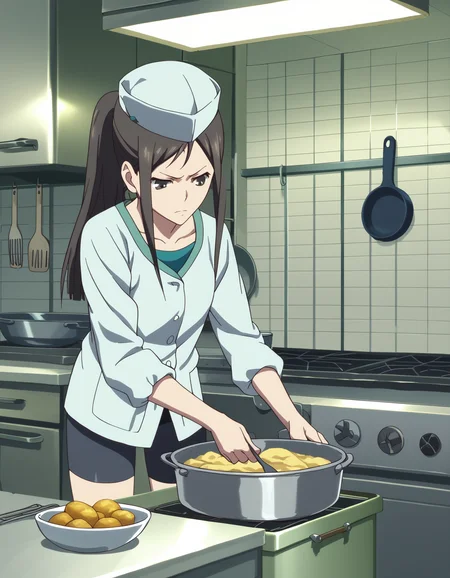 score_9, score_8_up, score_7_up, source_anime, <lora:minko-000007:1> tsurugi minko, long hair, black hair, ponytail
flat top chef hat, bike shorts, dress shirt, cooking, kitchen