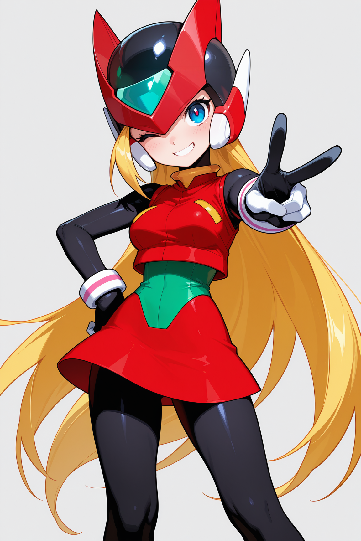 (high quality:1.1), detailed face, bliss_zero, 1girl, solo, long hair, looking at viewer, smile, blue eyes, skirt, blonde hair, gloves, medium breasts, very long hair, pantyhose, one eye closed, v, bodysuit, helmet, genderswap, genderswap \(mtf\), hair over one eye, android, green forehead jewel, red vest, red headgear, red skirt, green corset, black bodysuit, two-tone wristband <lora:megaman_zero_final-14:1>