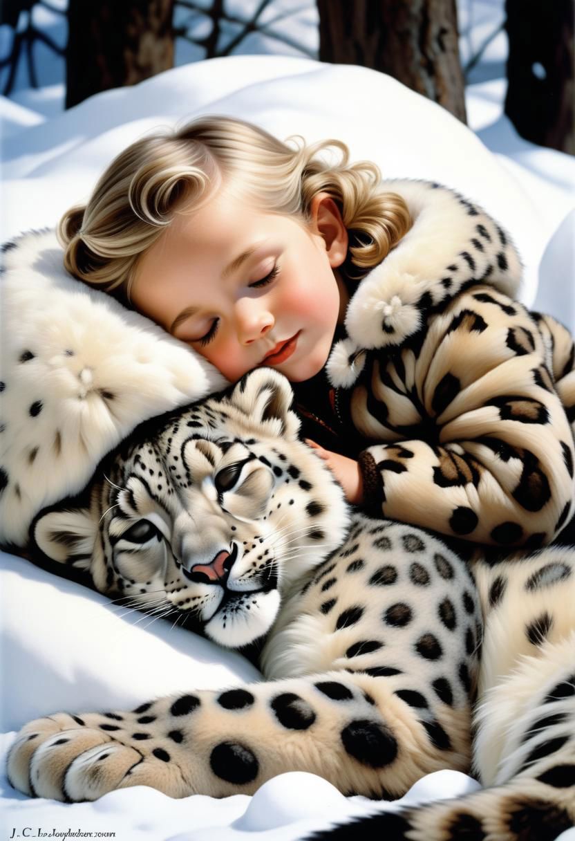 A child in winter fur, sleeping soundly with a snow leopard, art by J.C. Leyendecker, Canon 5d Mark 4, Kodak Ektar
