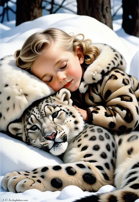 A child in winter fur, sleeping soundly with a snow leopard, art by J.C. Leyendecker, Canon 5d Mark 4, Kodak Ektar
