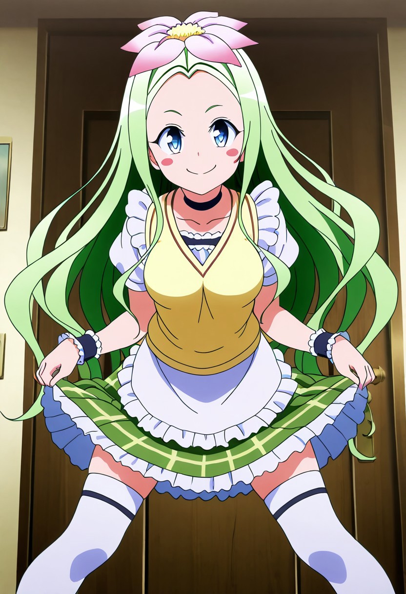 masterpiece, best quality, medium breasts, anime screenshot, to love-ru, to love-ru darkness, absurdres, highres, smile, solo,
celine \(to love-ru\) , celine, large breasts, long hair, blue eyes, hair ornament, flower, green hair, hair flower, wavy hair, blush stickers, anime screencap,
green skirt, plaid, plaid skirt, sainan school uniform, school uniform, skirt, sweater vest, yellow sweater, short sleeves,
clothes lift, apron, zettai ryouiki, wrist cuffs, maid, maid headdress, skirt lift, enmaided, door, looking at viewer, frills, choker, white thighhighs, dynamic pose, smile, looking at viewer,