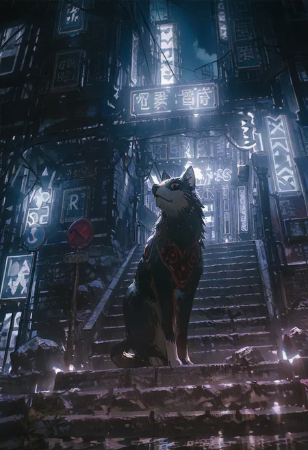 (zuharu, yun ling, kabuyama kaigi, kilart:1.1),
masterpiece, best quality, amazing quality,
(tokio:1.2), cityscape, street, night, road sign, realistic, painting \(medium\), from below, low angle, no humans, dark sky, moonlight, neon lights, outdoors, scenery, starts, stone stairs,
<lora:WSSKX_WAI:0.7> <lora:NOOB_vp1_detailer_by_volnovik_v1:0.7> <lora:ponyv6_noobV1_2_adamW:0.3> <lora:USNR STYLE_XL_loha:0.3> usnr,