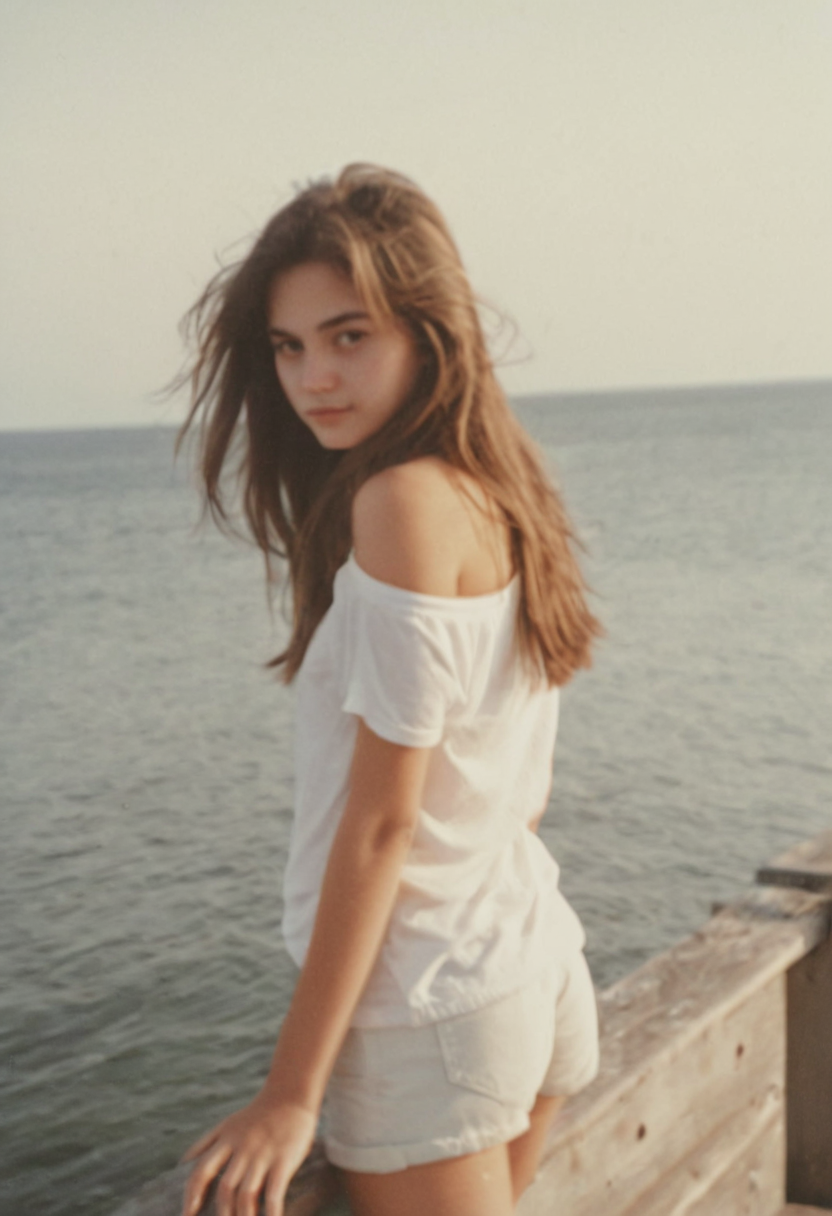 Retro photo, a young woman with long brown hair looking back over her shoulder, wearing a white top standing on a pier with an ocean view, soft focus, natural light, faded, slightly grainy, film grain, warm color palette, overexposed highlights, strong shadows