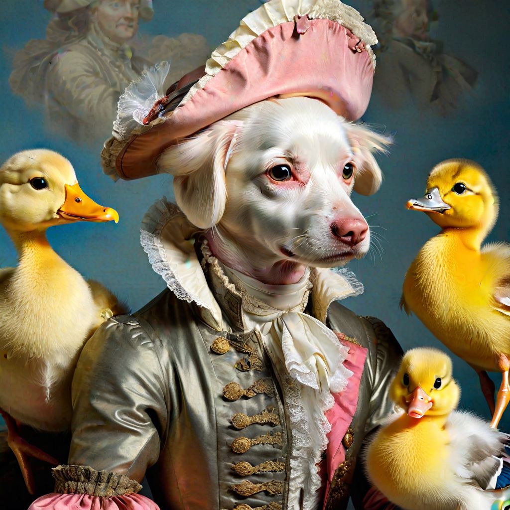 baby animals (puppies, kittens, ducklings), historical figures (Marie Antoinette, George Washington, Julius Caesar), playful, costumes, renaissance painting style, detailed portrait, soft light, vibrant colors
