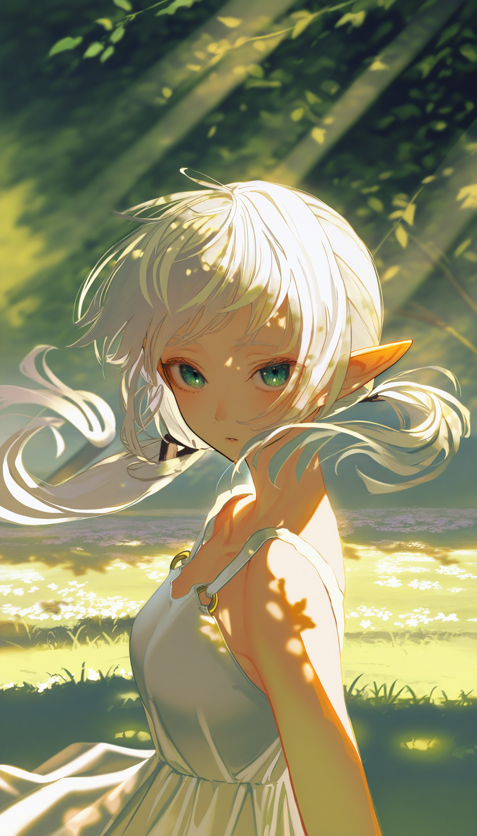 by [say hana|wanke|diyokama|yoneyama mai],
1gril, elf, pointy ears, solo, upper body, portait, looking at viewer, white hair, twintails, floating hair, white dress, outdoors, scenery, dappled sunlight,
masterpiece, best quality, very awa, absurdres
<lora:noobai_epred_11_artists_v11:1>