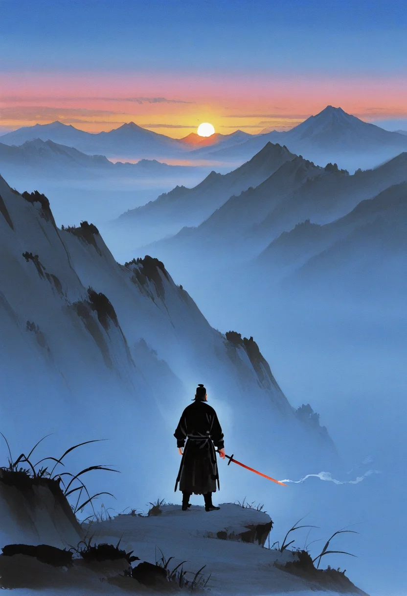 1boy, distant, long sleeves, mature male, distant, holding sword, mountainous horizon, dawn, fog, smoke, scenery, sunrise,
BREAK
<lora:Ink_wash_painting_style_from_Doubao_AI_v1:1> dbiwpstyle, traditional media, high contrast, colorful, minimalism,
BREAK
best quality, masterpiece, very aesthetic, absurdres, highest detailed, very awa, simple background,