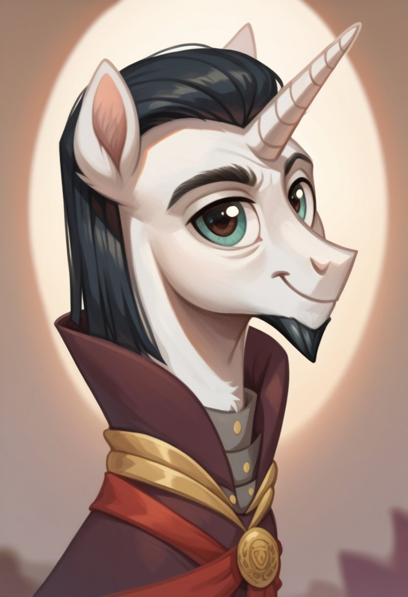 score_9, score_8_up, score_7_up, score_6_up, score_5_up, score_4_up, my little pony, <lora:Chancellor neighsay:1>chancellor neighsay, pony , unicorn, white body, black hair, ( boy:1.5),beautiful, detailed, (detailed cute pony face), detailed eyes, detailed fur, detailed hooves, beautiful, vector, flat colors, (beautiful long eyelashes), (beautiful hooves), (abstract background:1.8), (looking at you, looking at viewer:1.5), smile, happy, close-up, upper view <lora:OtherStyle_01:1> <lora:detailed_notrigger:1>