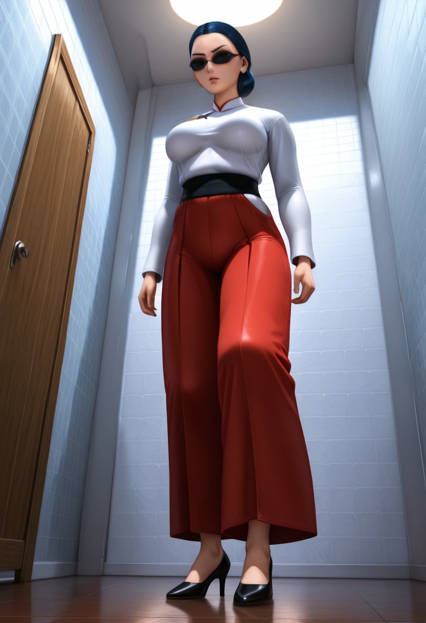 illustriouslogan, solo, Tomoe Tsurugi, blind, blue hair, black sunglasses, Chignon hairstyle, one hair bun, long sleeves, white shirt with a Cheongsam collar, black waistband, culottes pant, red pant, black high heels shoes, large breasts, standing, close up, from below, full body, indoor bathroom, white wall, brown floor