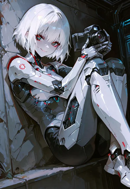 masterpiece, best quality, good quality, very aesthetic, absurdres, newest, cyber woman, smiling happily, white hair, arms crossed around waist, standing with legs crossed, leaning back against wall, posing, looking into camera, in the style of dark gray and light black, smooth brushwork, sharp edges, dark gray, mechanical designs, sharp focus, 748cmstyle