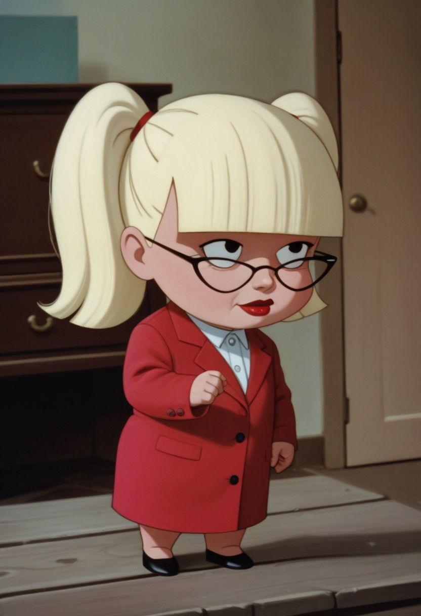 score_9, score_8_up, score_7_up, score_6_up,zPDXLxxx,BREAK,Mary_Dahl_Mature, (very short, short), black eyes, glasses, blonde hair, twintails, blunt bangs,(very short, short),chibi