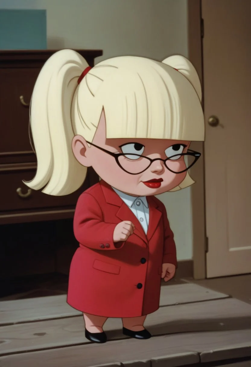 score_9, score_8_up, score_7_up, score_6_up,zPDXLxxx,BREAK,Mary_Dahl_Mature, (very short, short), black eyes, glasses, blonde hair, twintails, blunt bangs,(very short, short),chibi
