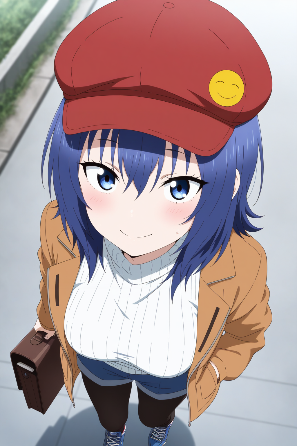 masterpiece, best quality, amazing quality, very aesthetic, absurdres, ultra detailed,
<lora:il_contrast_slider_d1 (Ð¦ÐÐÐ¢ ÐÐÐ Ð¢ÐÐÐÐ):-0.8>
 <lora:Chika Suzugamori:0.8> chika_suzugamori, 1girl, 
Women's red hat, yellow smiley face on the hat, white sweater, brown jacket, blue shorts, black tights, blue sneakers, brown briefcase,
portrait, smile,
view from above, body is visible, medium breasts are visible from under the shirt,,