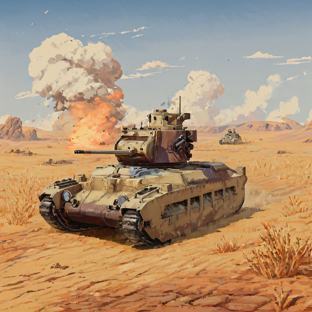 A mtldtnk tank advances through the rugged terrain of the Western Desert Campaign, kicking up clouds of dust as it moves towards the enemy lines under the scorching North African sun. The backdrop features the vast, open desert landscape, emblematic of the tank's role in the early years of the war  ((pulp_comic, heavy_lines, hand_drawn, hand_inked, hand_colored, perfect_face, apxlz))