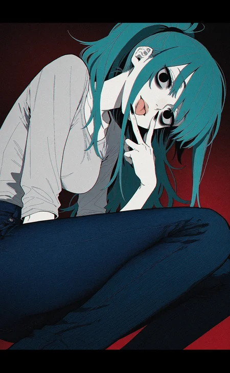 1girl, solo,  (hatching \(texture\), linear hatching:1.3), maki keigo, (gyaru:1.2), tongue out, flat colors, 
 foreshortening, sideways glance, nose, lips, squatting, v over mouth, from below, from side, 
 (petite:1.2), toned, medium breasts, looking at viewer,  white shirt, sharp nails, black nails, long fingers,
aqua hair, high ponytail, long hair, black eyes, empty eyes, jitome, (sanpaku:1.3), bags under eyes, pale skin, jeans, wide hips, long legs, 
 dark theme, red  theme, (head tilt:1.3), yandere, ,
<lora:nhl-004:0.35> nhl-004,
<lora:tenebriflora-wai:0.35> tfaix, 
very aesthetic, amazing quality, best quality, masterpiece,