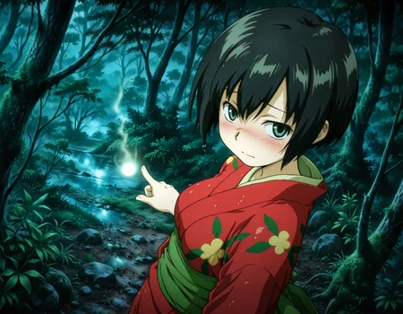 (1girl, solo:1.3), (2girls, 3girls, 4girls, multiple girls, 2boys, 3boys, 4boys, multiple boys:-1.5) <lora:Ioroi_Renzu_Mushi-shi_Illustrious:0.9>, ioroi_renzu, medium breasts, grey eyes, green eyes, black hair, short hair, bob cut, bangs, hair between eyes, japanese clothes, kimono, red kimono, obi, green obi, sandals embarrassed, (half-closed eyes:0.7), general, contrapposto, dynamic pose, pointing at viewer, upper body, from side, from above, dutch angle, outdoors, forest, japanese forest, japanese shrine, (torii:-1.0), ancient forest, dense foliage, mossy trees, mist, eerie silence, no people, overgrown, primeval, twilight lighting, mystical, A vast, untouched forest frozen in time, where ancient, towering trees with thick, moss-covered trunks rise from a ground layered with centuries of decaying leaves and soft green undergrowth. Twisted roots snake across damp soil, and the air hangs heavy with mist and silence. Shafts of pale light struggle to pierce the dense canopy, casting a faint glow on the shadowy floor below. Ferns and strange fungi thrive in the perpetual twilight, and no sign of human presence disturbs the eerie stillness. The atmosphere feels sacred, as if the forest itself is watching. noon, fog, rain, , evening, from above, , from side, (light leaks:1.1), <lora:NOOB_EPSv1_1_detailer_by_vlnvk_v1_0:1.5>, (photo background:0.7), night, (tachibana yuu:0.6), inue shinsuke, (kazuma muramasa:0.0), saikawa yusa, (aoi manabu:0.6), abarerumidori, (suzui narumi:0.6), masterpiece, newest, absurdres, 8K, anime screenshot, anime coloring, flat color, official art, film grain, <lora:illustriousXLv01_stabilizer_v1.185c:0.7>, <lora:LECO_Solo:-4.0>,