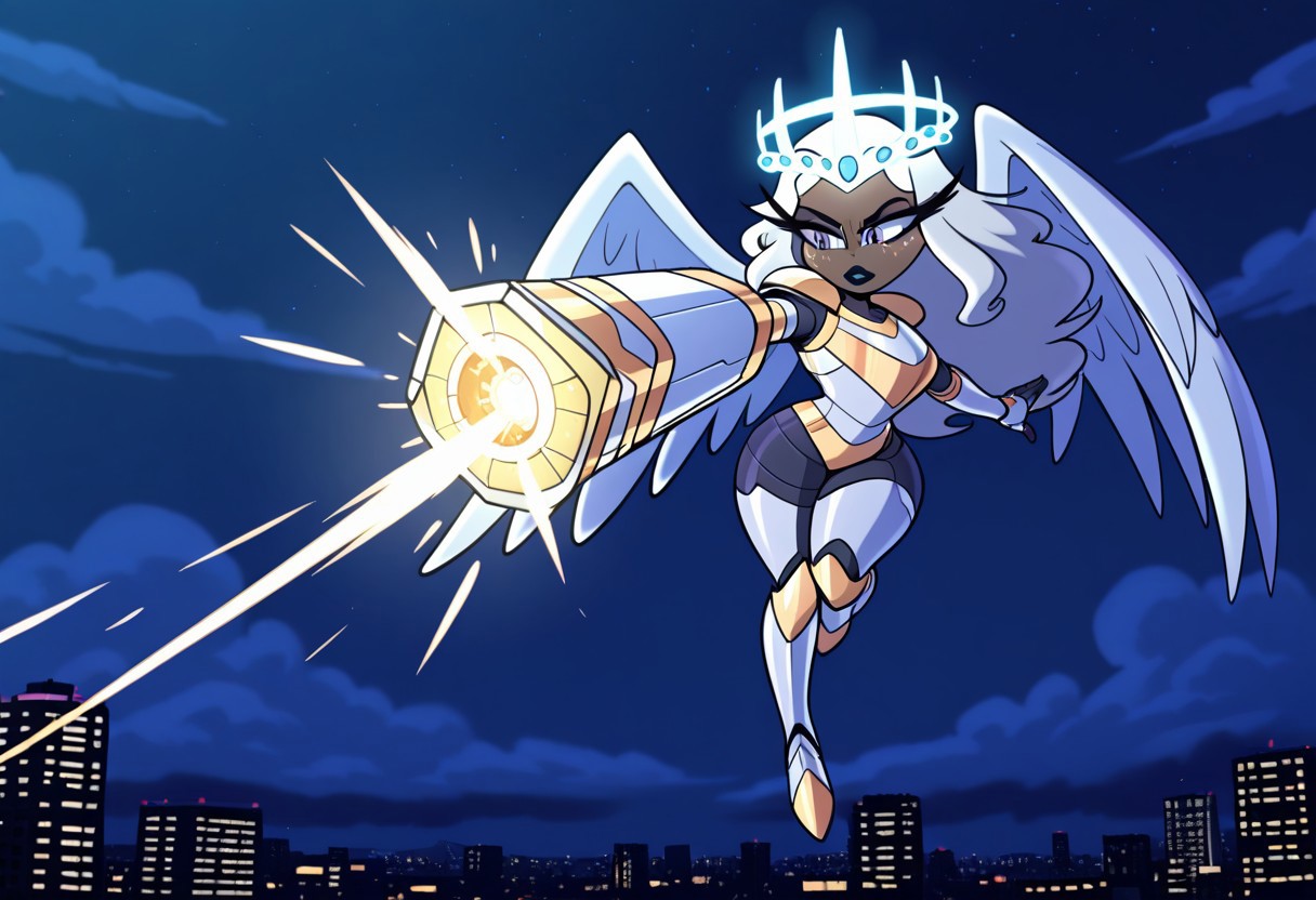 1girl, sera \(hazbin hotel\), sera, dark skin, colored skin, freckles,  white freckles, long eyelashes, makeup, black lips, grey sclera, colored sclera, dark purple pupils, white hair, long hair, glowing halo, angel wings, gold trim, white armor, mechanical parts, white gauntlets, armored leotard, greaves, shortstack, night, dark lighting, city, outdoors, cyberpunk, cyborg, robot joints, skindentation, thick waist, wide waist, curvy, wide waist, long eyelashes, arm cannon, flying, dynamic pose, >:(, breastplate, gold crotch plate, clouds, skyscrapers, aiming, firing, magic, gems,
