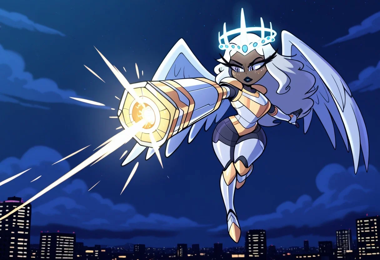 1girl, sera \(hazbin hotel\), sera, dark skin, colored skin, freckles, white freckles, long eyelashes, makeup, black lips, grey sclera, colored sclera, dark purple pupils, white hair, long hair, glowing halo, angel wings, gold trim, white armor, mechanical parts, white gauntlets, armored leotard, greaves, shortstack, night, dark lighting, city, outdoors, cyberpunk, cyborg, robot joints, skindentation, thick waist, wide waist, curvy, wide waist, long eyelashes, arm cannon, flying, dynamic pose, >:(, breastplate, gold crotch plate, clouds, skyscrapers, aiming, firing, magic, gems,