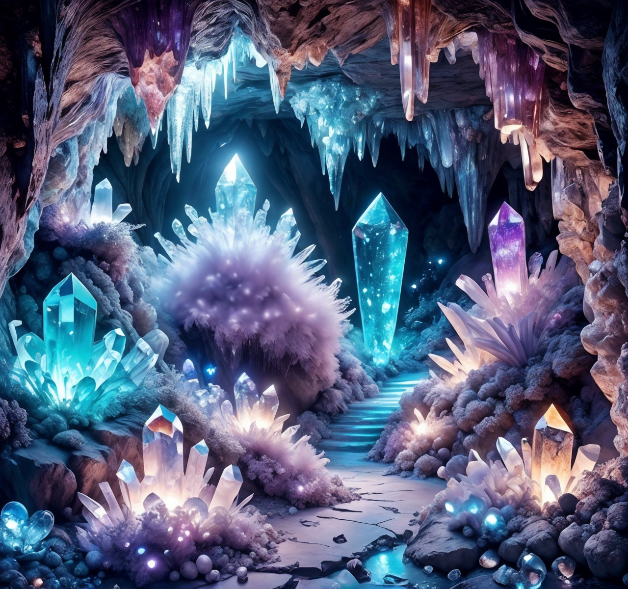RAW photo, (masterpiece:1.3), subsurface scattering, heavy shadow, (high quality:1.4), (intricate, high detail:1.2), professional photography, HDR, High Dynamic Range, realistic, ultra realistic, photorealistic, high resolution, film photography, ambient lighting, atmospheric effects, <lora:detail_slider_v4:2>, OverallDetail,  <lora:CrystalCaves:1> , cave,  cryca, crystal, diamond \(gemstone\), fantasy, floating island, glowing, ice, landscape, light, light particles, mushroom, no humans, outdoors, river, road, rock, scenery, sparkle, stairs, tree, water