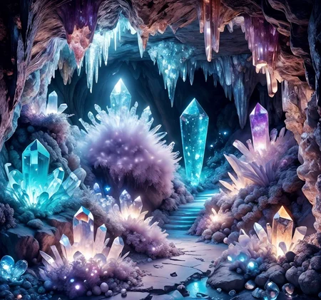 RAW photo, (masterpiece:1.3), subsurface scattering, heavy shadow, (high quality:1.4), (intricate, high detail:1.2), professional photography, HDR, High Dynamic Range, realistic, ultra realistic, photorealistic, high resolution, film photography, ambient lighting, atmospheric effects, <lora:detail_slider_v4:2>, OverallDetail, <lora:CrystalCaves:1> , cave, cryca, crystal, diamond \(gemstone\), fantasy, floating island, glowing, ice, landscape, light, light particles, mushroom, no humans, outdoors, river, road, rock, scenery, sparkle, stairs, tree, water