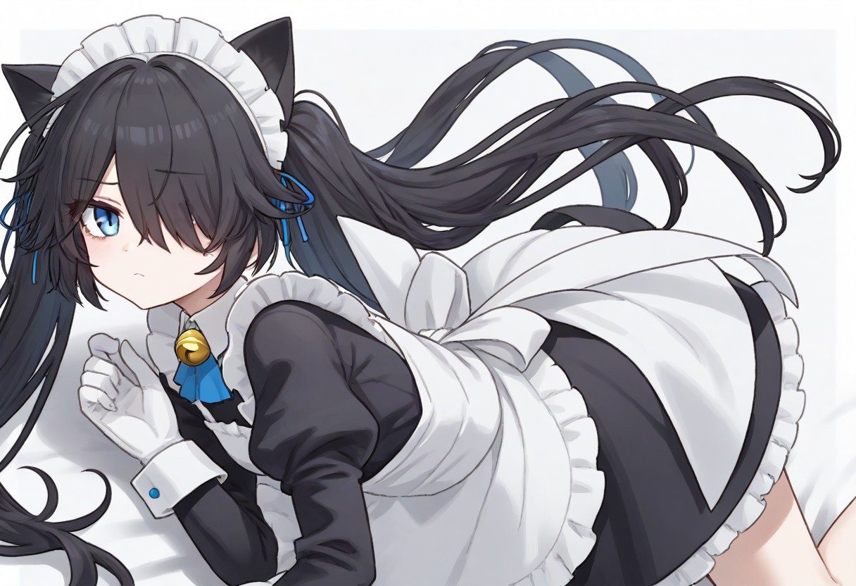 (Maid-kasli), solo, white gloves, dress, hair over one eye, maid apron, blue eyes, twintails, cat ears, maid headdress, maid, gloves, 1girl, apron, juliet sleeves, long sleeves, long hair, black hair, animal ears, bell,(Fall down),