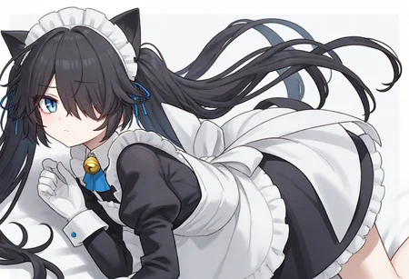 (Maid-kasli), solo, white gloves, dress, hair over one eye, maid apron, blue eyes, twintails, cat ears, maid headdress, maid, gloves, 1girl, apron, juliet sleeves, long sleeves, long hair, black hair, animal ears, bell,(Fall down),