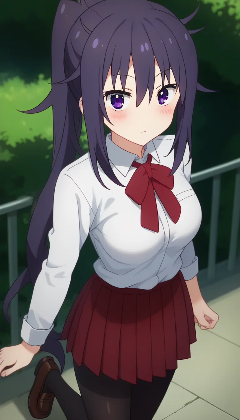 score_9,score_8_up,masterpiece,best quality,correct anatomy,anime_source,1girl,solo,perfect eyes,perfect arms,perfect legs,perfect face,outdoors,cowboy shot,looking at viewer,facing viewer,dazed,blush,Motoba Kirie,purple hair,messy long hair,ponytail,sidelocks,hair between eyes,bangs,purple eyes,school uniform,white shirt,collared shirt,dress shirt,red bowtie,neck ribbon,red ribbon,long sleeves,medium breasts,shirt tucked in,miniskirt,red skirt,pleated skirt,thighs,black pantyhose,loafers,brown footwear,<lora:Motoba Kirie(huc)-Pony:1.8>,