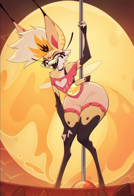 Score_9, score_8_up, score_7_up, score_6_up, score_5_up, score_4_up, 1girl, solo, big hips, thighs, QueenB, Anthro Fennec Fox, Furry Female, Mohawk Hair, Ethereal Hair, Multicolored Hair, Pink Eyes, Yellow Sclera, Long Eyelashes, Running Mascara, orange Fur, White Fur, Striped Ears, Multicolored Midriff, Pixie Wings, Four Arms, Black Choker, Off-shoulder Top, Pink Crop Top, Black Bra, Clothing Cutout, Heart Shaped Cutout, Midriff, Pink Shorts, looking at viewer, smile, fangs, open mouth, seductive pose, disco ball, pole, orange lighting filter, orange theme