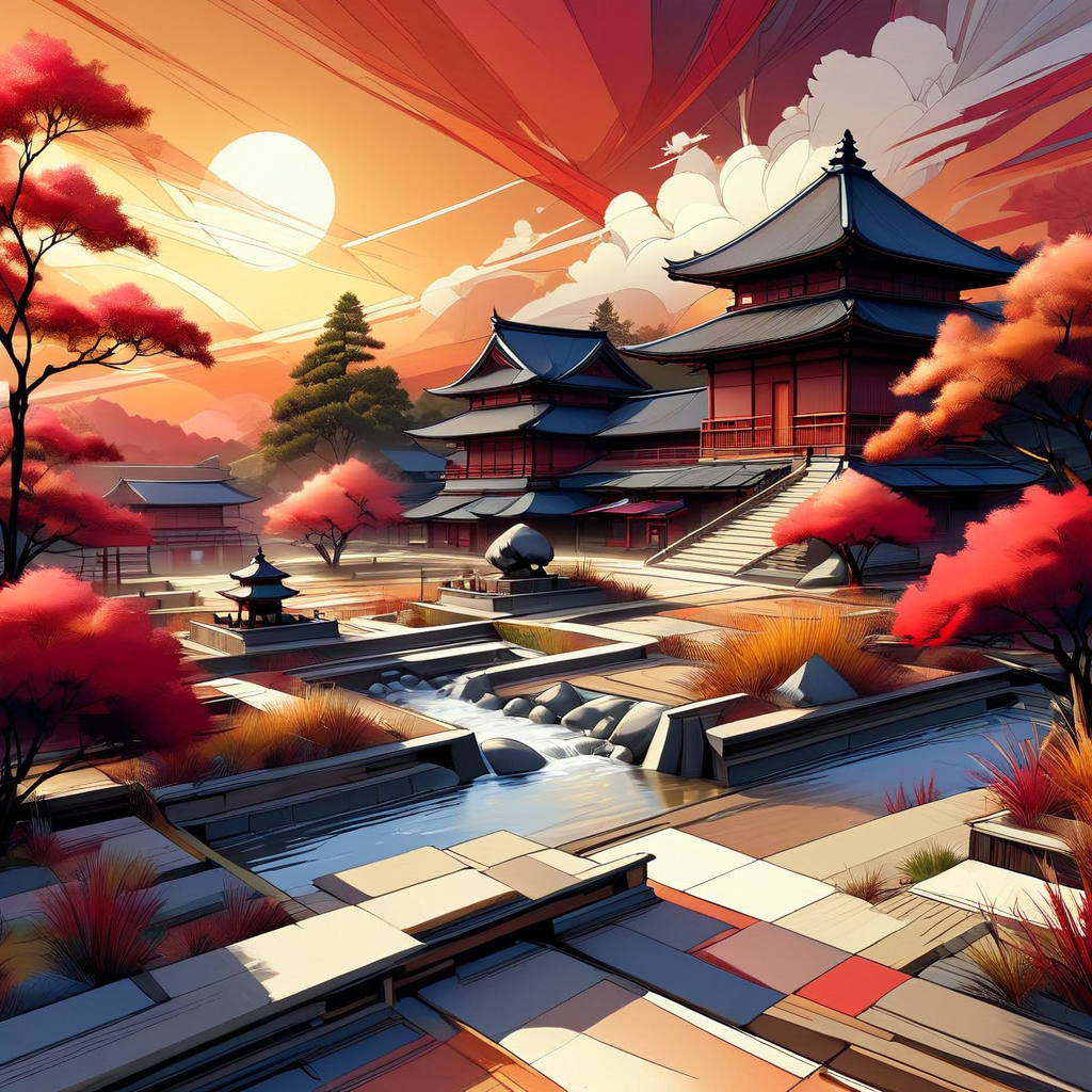 InkBlast, a landscape, a beautiful zen garden, reds golds and whites, sunset