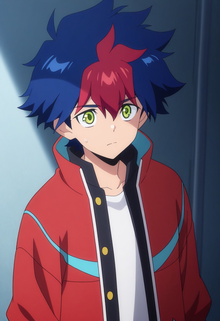 masterpiece,best quality,amazing quality, source_anime,
RaitoTenryu, 1boy, male focus, solo, green eyes, multicolored hair, blue hair, red hair, gakuran, shirt, white shirt, jacket, red jacket, open jacket,
