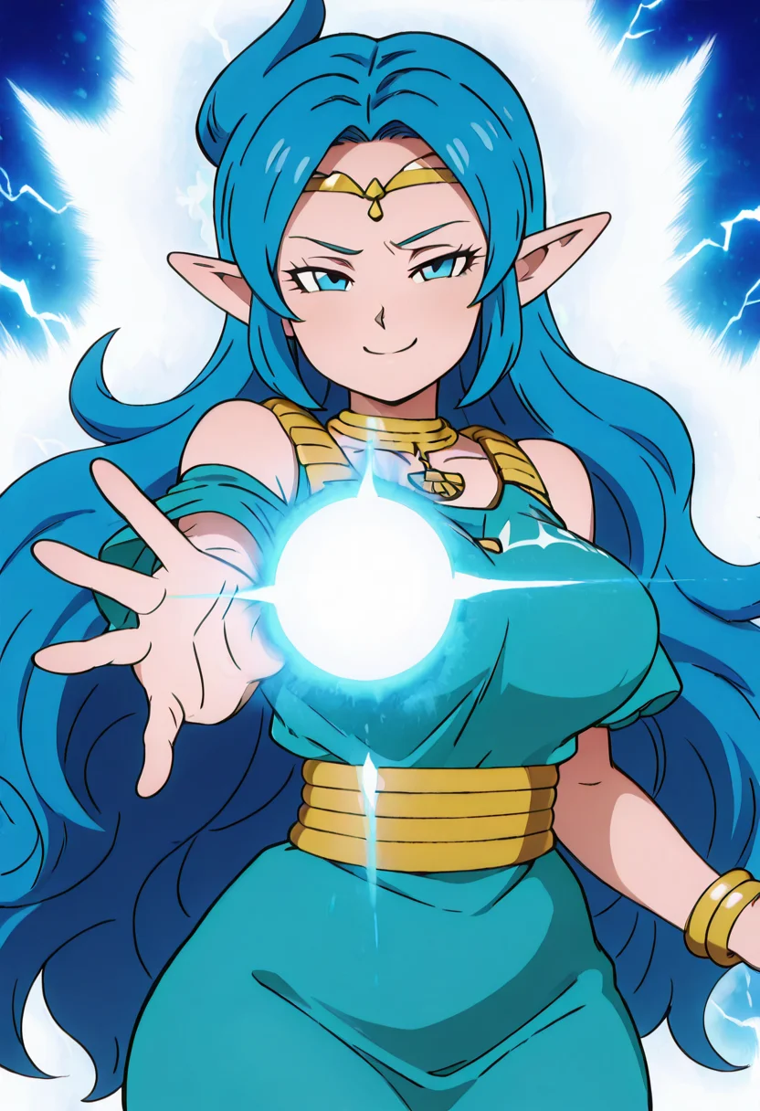 masterpiece, best quality, solo, curvy, beautiful eyes, narrow waist, wide hips, 1girl, solo, smile, looking at viewer, foreshortening, close up, anime screenshot, zzNayru, blue eyes, blue hair, bare shoulders, jewelry, very long hair, blue dress, elf, circlet, large breasts, ,<lora:NayruZelda_IXL_v2:1.0>,,vivid aura, looking at viewer, blue background, smug, aura, super saiyan, charging energy, energy ball, energy, lightning, <lora:DBSBroly_Style_IXL_v2:0.6>,